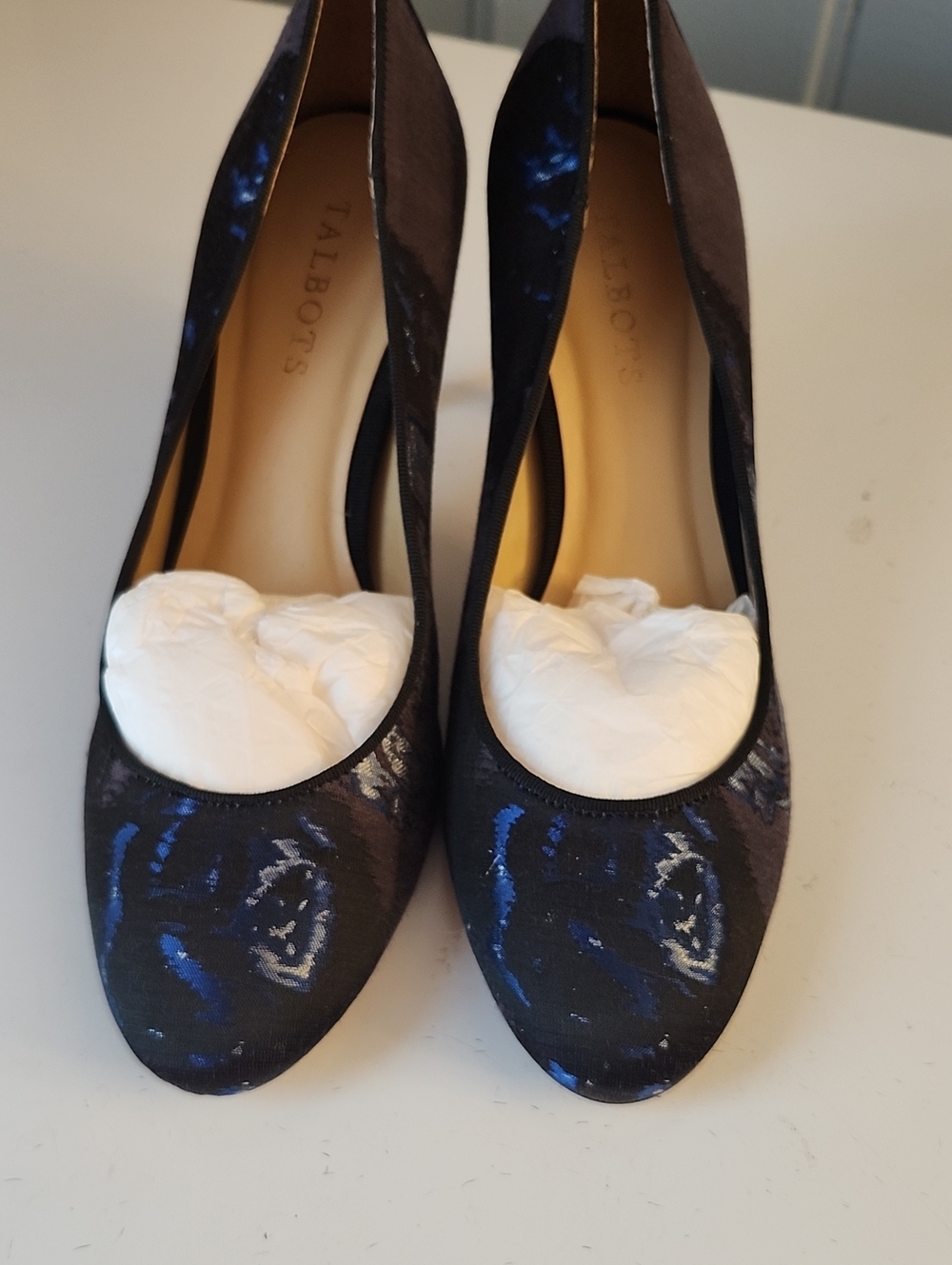 Talbots Black Pumps with Blue Floral Accents